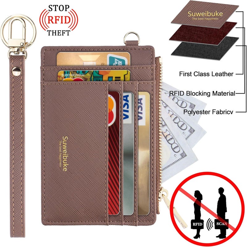 Wikavanli Women Slim Rfid Blocking Credit Card Case Holder Wristlet Zip ID Case Wallet Small Compact Leather Wallet Coin Purse with Keychain (Camel) - Image 4